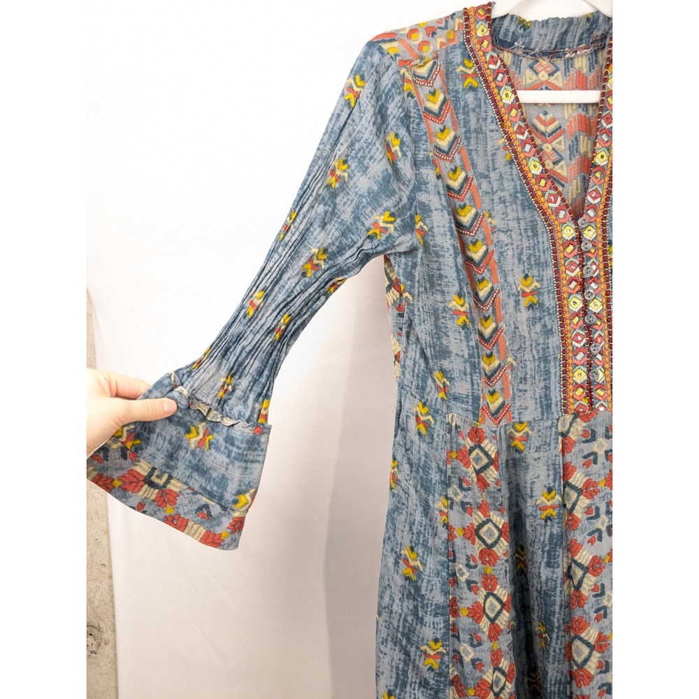 Y2K Embroidered Peasant Maxi Dress Size M Blue Ren Faire Boho Cottagecore Tribal - Picture 3 of 9